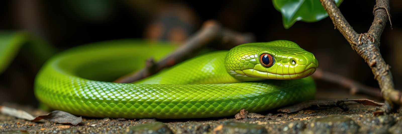 Bright green snake resting on the forest floor in a tropical environment during daylight hours